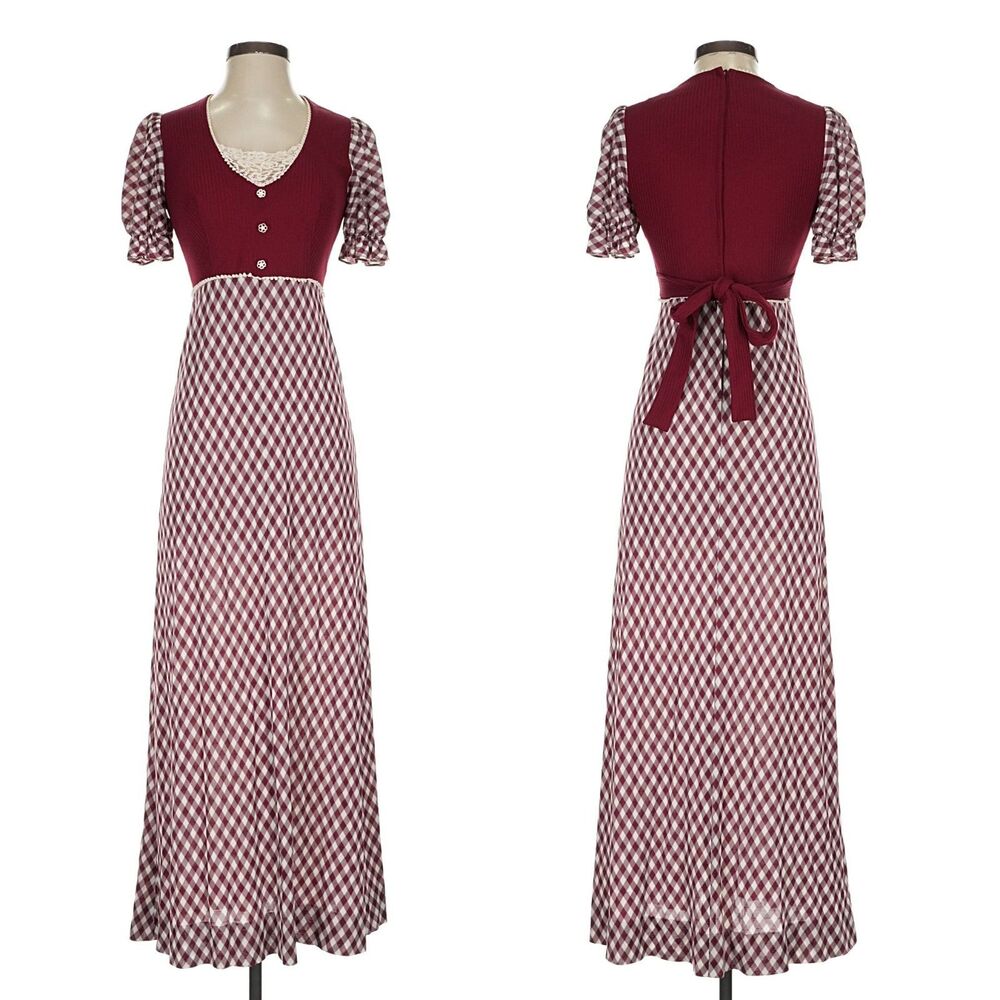 Vintage 1970s Patricia Faire Red Gingham Dress Picnic Cottagecore Size S